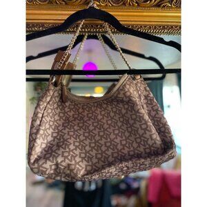 Women's DKNY Brown Monogram Shoulder Bag Gold Chain Strap Medium Purse Logo